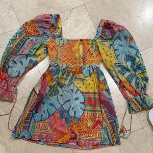 Farm Rio boho Smocked Multicolor Tropical Mini Dress